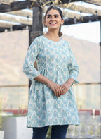 Kaajh Off White Green Printed Shirt Style Cotton Tunic | Grocsy
