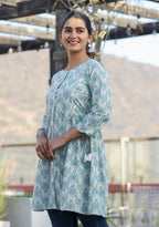 Kaajh Off White Green Printed Shirt Style Cotton Tunic | Grocsy