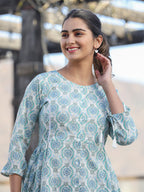 Kaajh Off White Green Printed Shirt Style Cotton Tunic | Grocsy