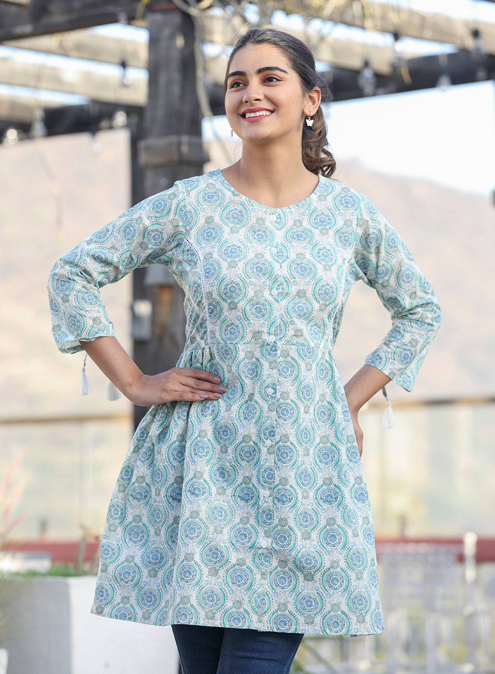 Kaajh Off White Green Printed Shirt Style Cotton Tunic | Grocsy