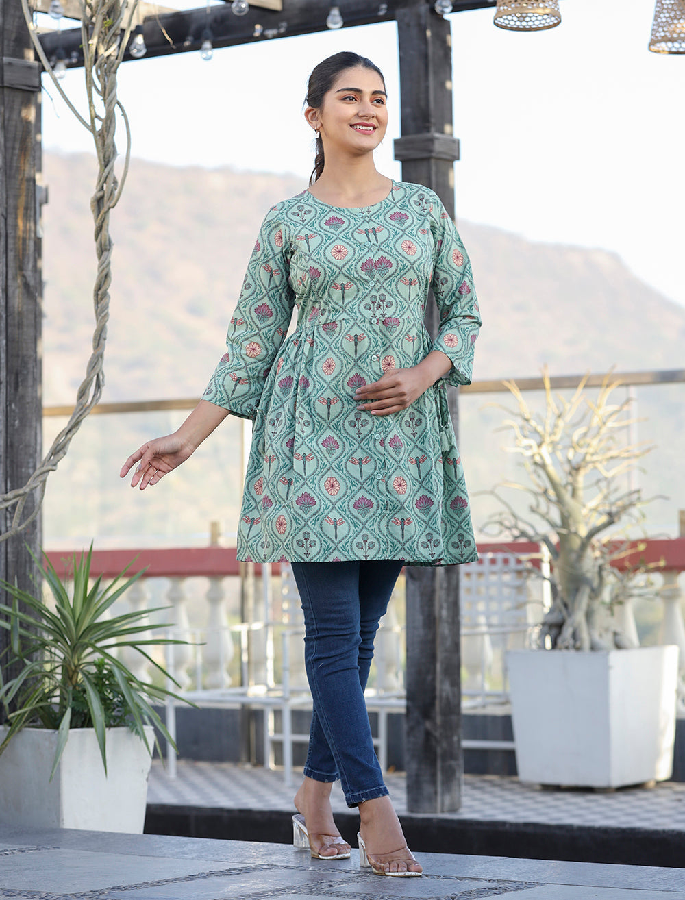 Kaajh Green Motif Printed Shirt Style Cotton Tunic | Grocsy