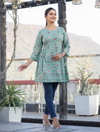 Kaajh Green Motif Printed Shirt Style Cotton Tunic | Grocsy