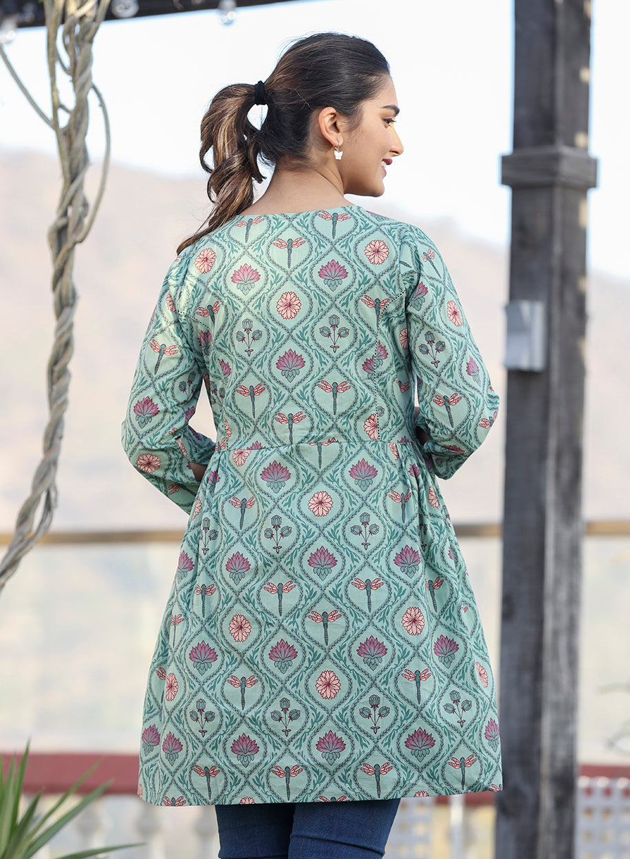 Kaajh Green Motif Printed Shirt Style Cotton Tunic | Grocsy