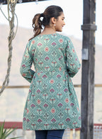Kaajh Green Motif Printed Shirt Style Cotton Tunic | Grocsy