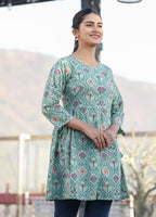 Kaajh Green Motif Printed Shirt Style Cotton Tunic | Grocsy