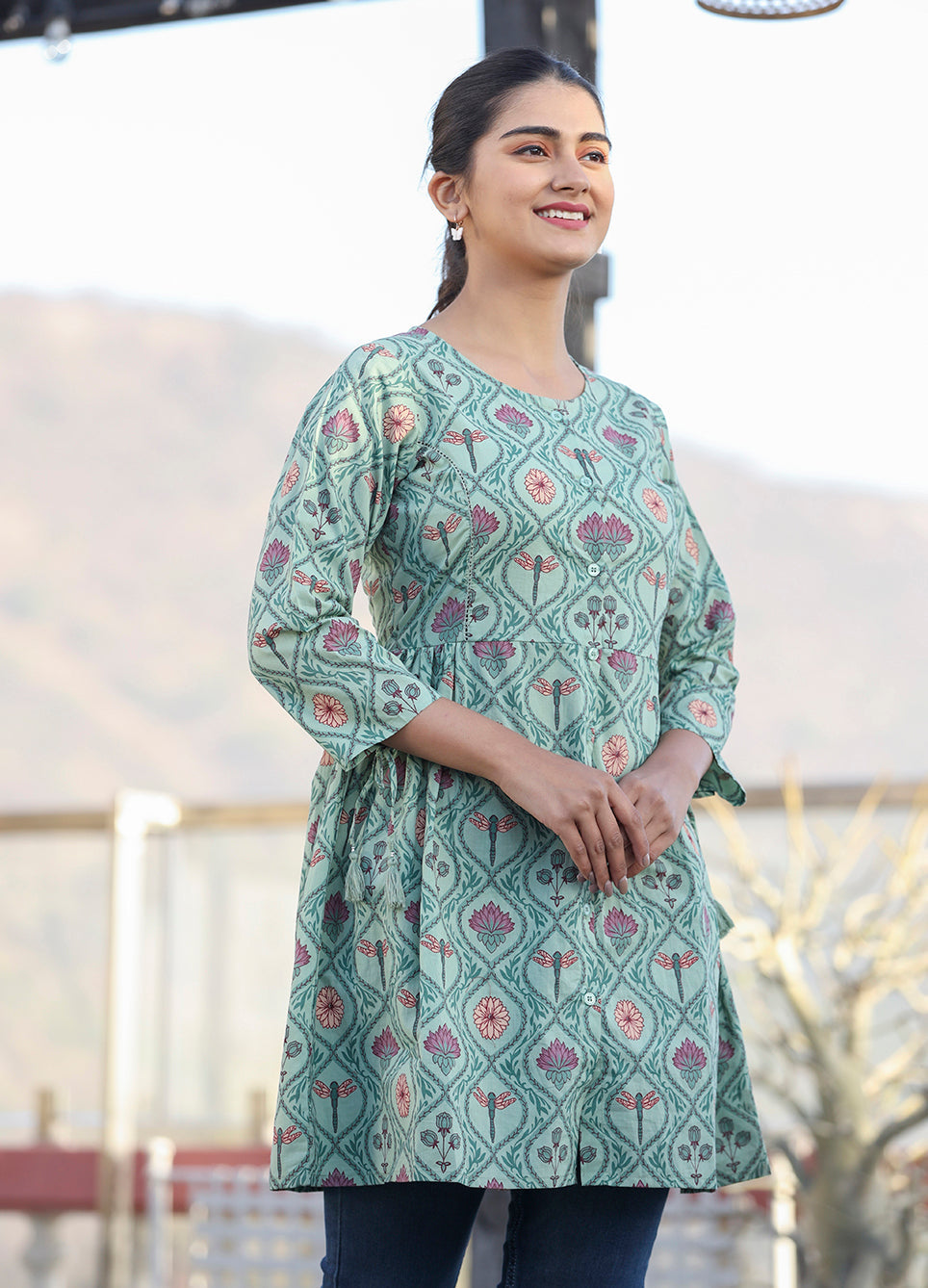 Kaajh Green Motif Printed Shirt Style Cotton Tunic | Grocsy