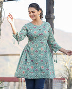 Kaajh Green Motif Printed Shirt Style Cotton Tunic | Grocsy