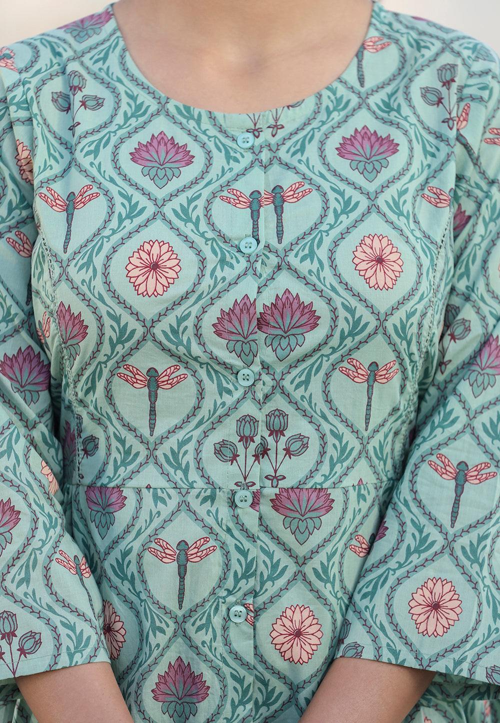 Kaajh Green Motif Printed Shirt Style Cotton Tunic | Grocsy