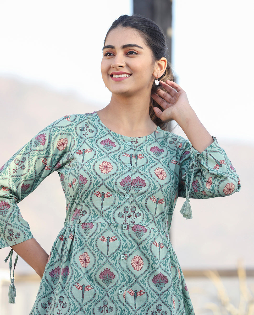 Kaajh Green Motif Printed Shirt Style Cotton Tunic | Grocsy