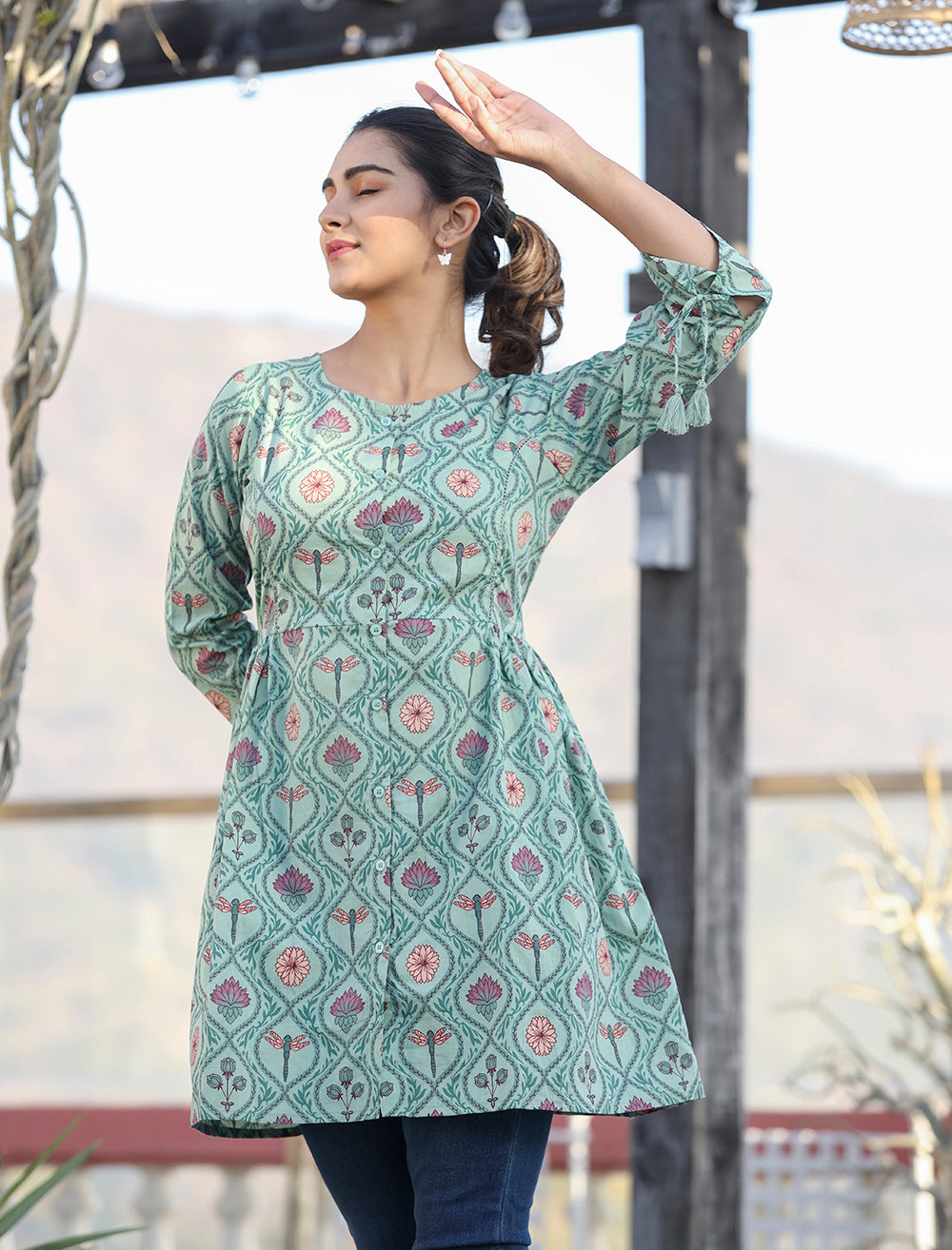 Kaajh Green Motif Printed Shirt Style Cotton Tunic | Grocsy