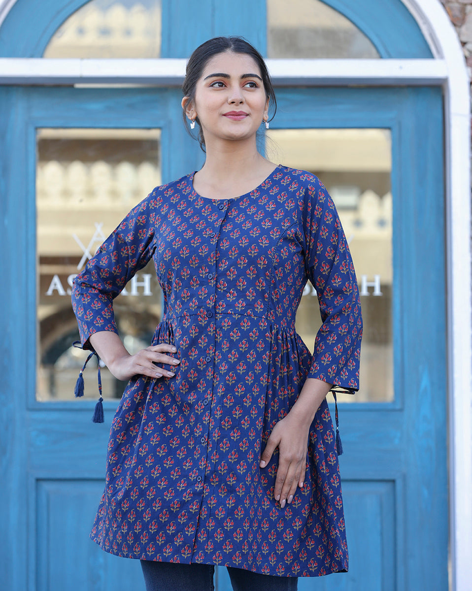 Kaajh Blue Printed Shirt Style Cotton Tunic | Grocsy