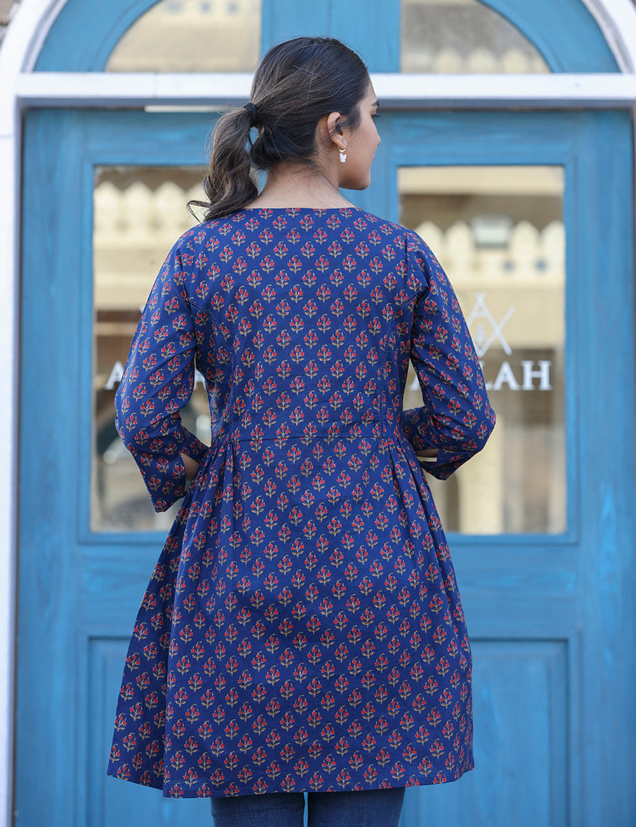 Kaajh Blue Printed Shirt Style Cotton Tunic | Grocsy