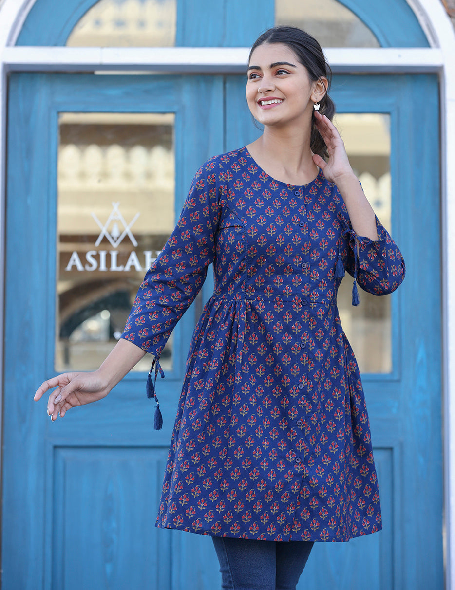 Kaajh Blue Printed Shirt Style Cotton Tunic | Grocsy