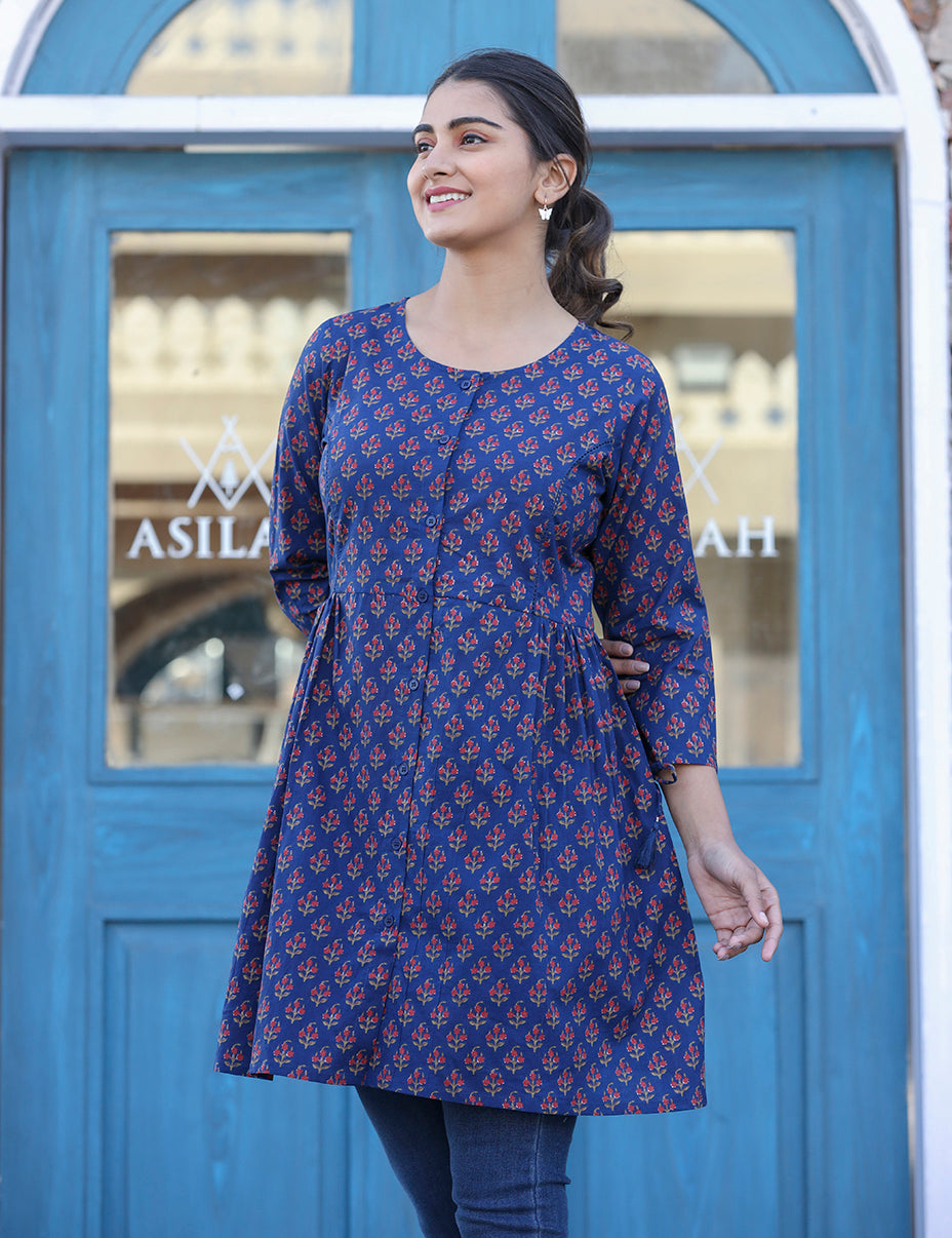 Kaajh Blue Printed Shirt Style Cotton Tunic | Grocsy