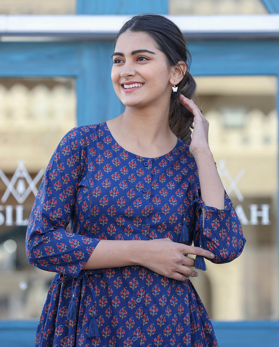Kaajh Blue Printed Shirt Style Cotton Tunic | Grocsy