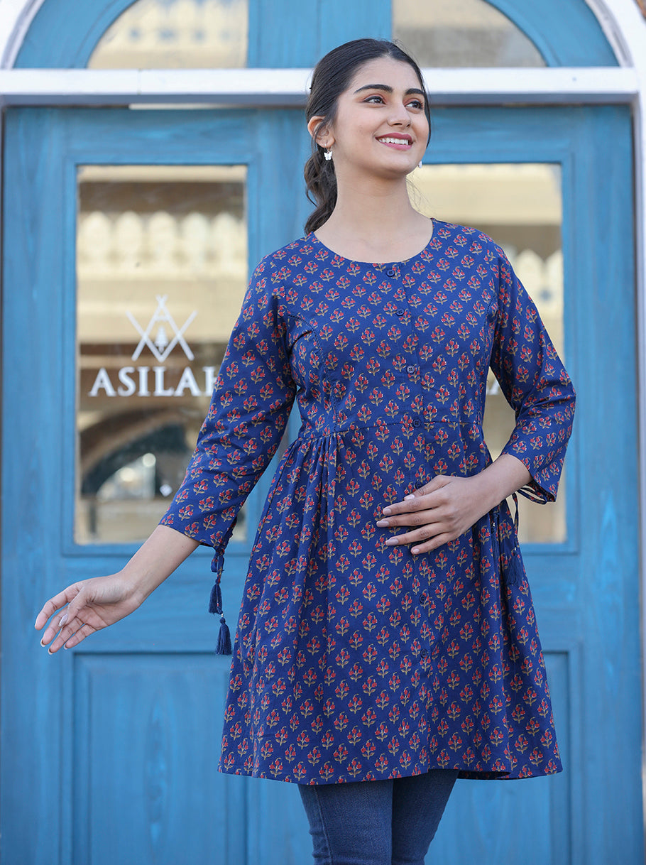 Kaajh Blue Printed Shirt Style Cotton Tunic | Grocsy