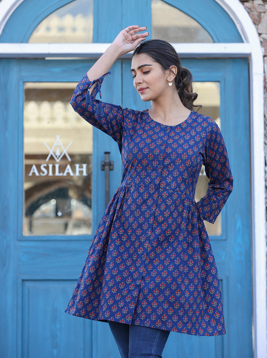 Kaajh Blue Printed Shirt Style Cotton Tunic | Grocsy