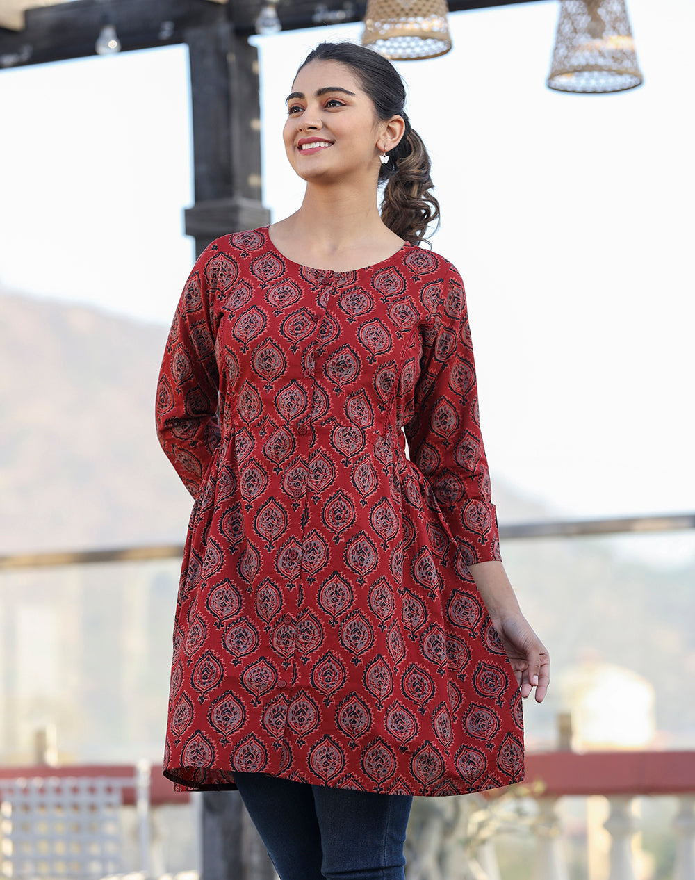 Kaajh Maroon Ajrak Print Cotton Shirt Style Tunic | Grocsy