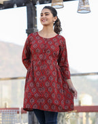 Kaajh Maroon Ajrak Print Cotton Shirt Style Tunic | Grocsy