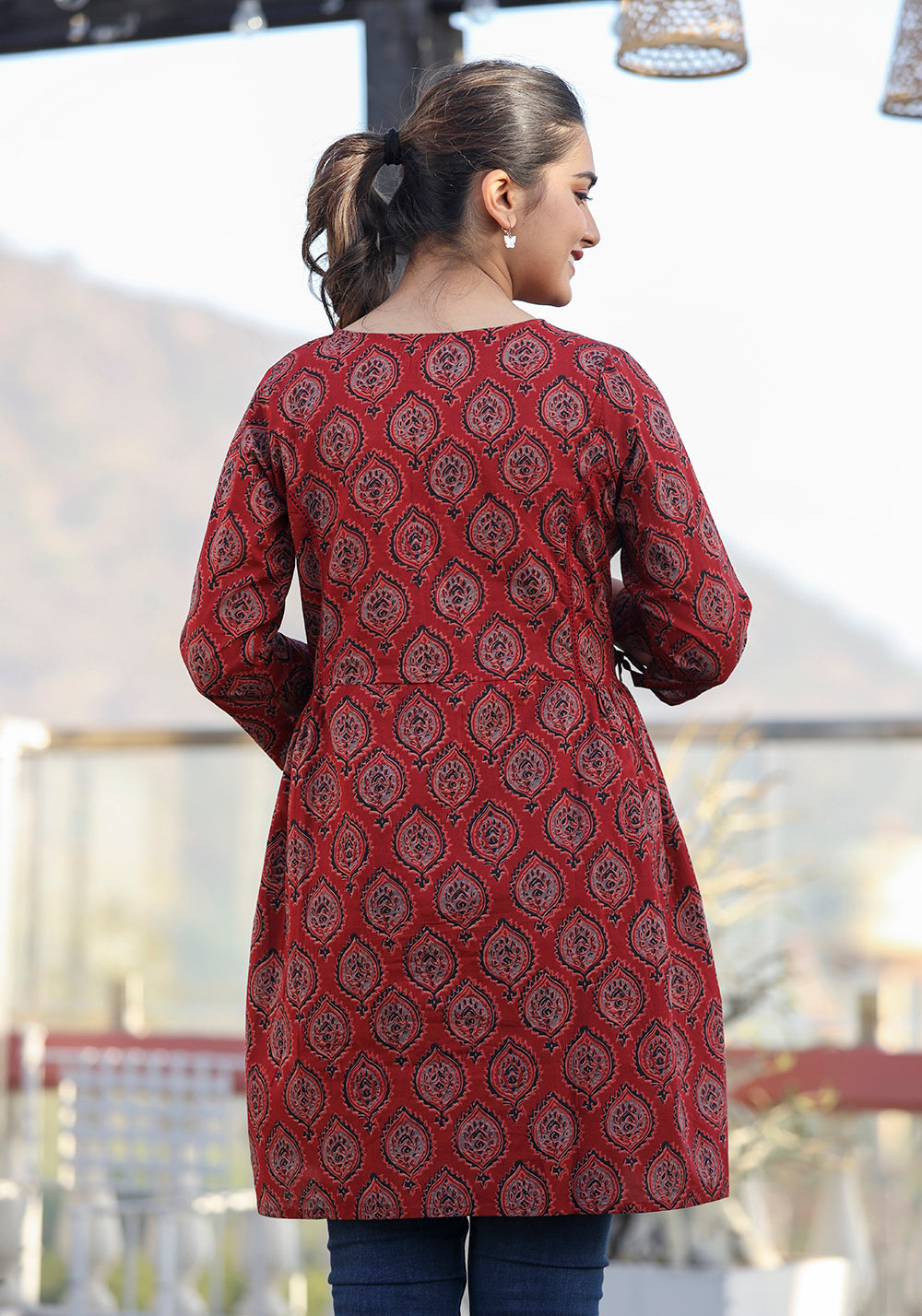 Kaajh Maroon Ajrak Print Cotton Shirt Style Tunic | Grocsy