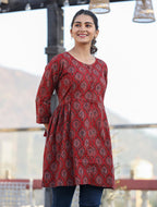 Kaajh Maroon Ajrak Print Cotton Shirt Style Tunic | Grocsy