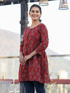 Kaajh Maroon Ajrak Print Cotton Shirt Style Tunic | Grocsy