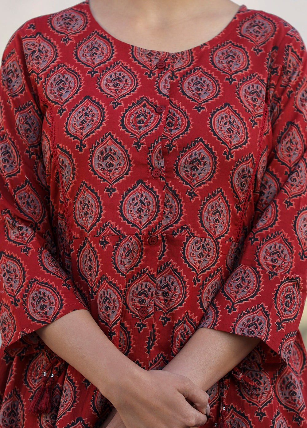 Kaajh Maroon Ajrak Print Cotton Shirt Style Tunic | Grocsy