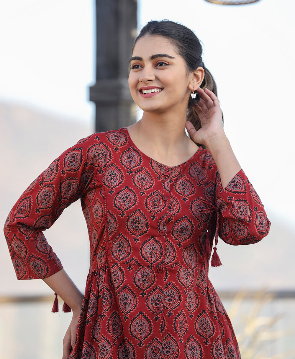 Kaajh Maroon Ajrak Print Cotton Shirt Style Tunic | Grocsy