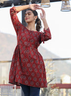 Kaajh Maroon Ajrak Print Cotton Shirt Style Tunic | Grocsy