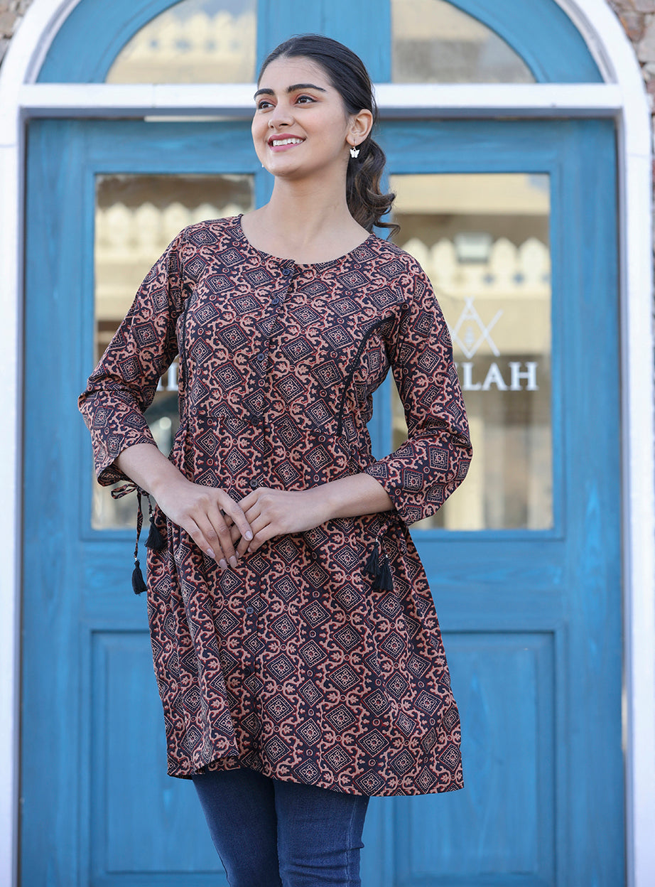 Kaajh Coffee Brown Cotton Shirt Style Tunic | Grocsy