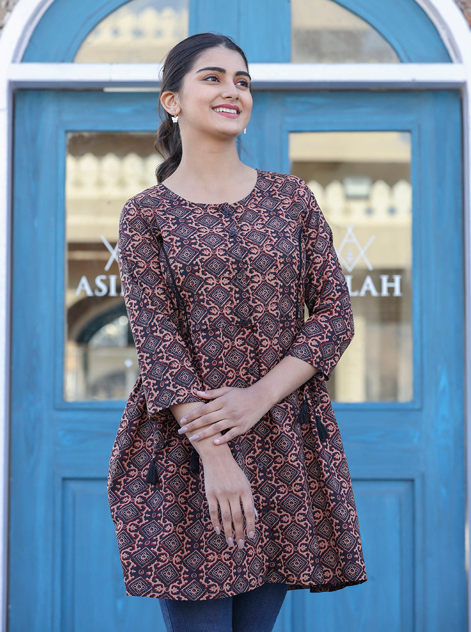Kaajh Coffee Brown Cotton Shirt Style Tunic | Grocsy