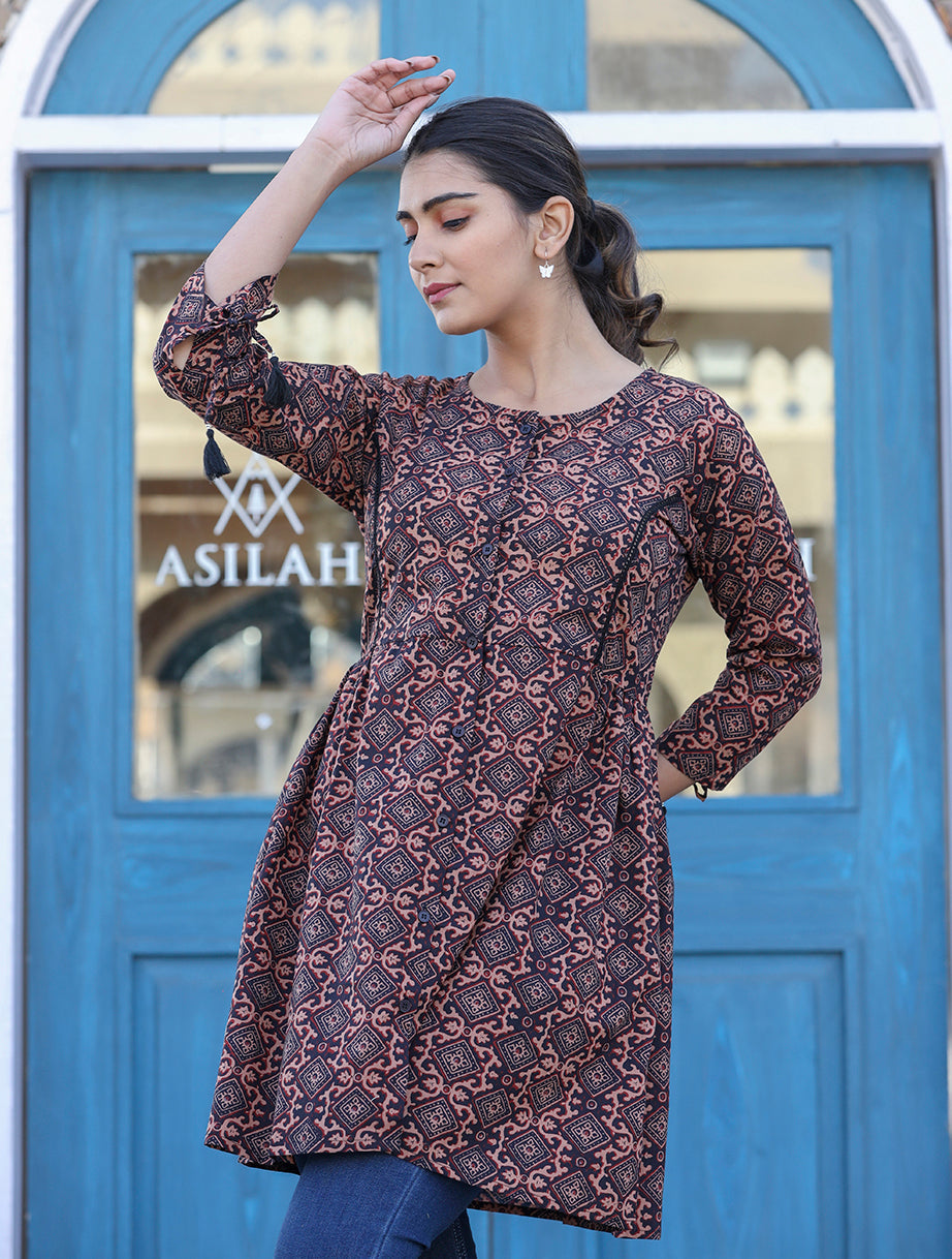 Kaajh Coffee Brown Cotton Shirt Style Tunic | Grocsy