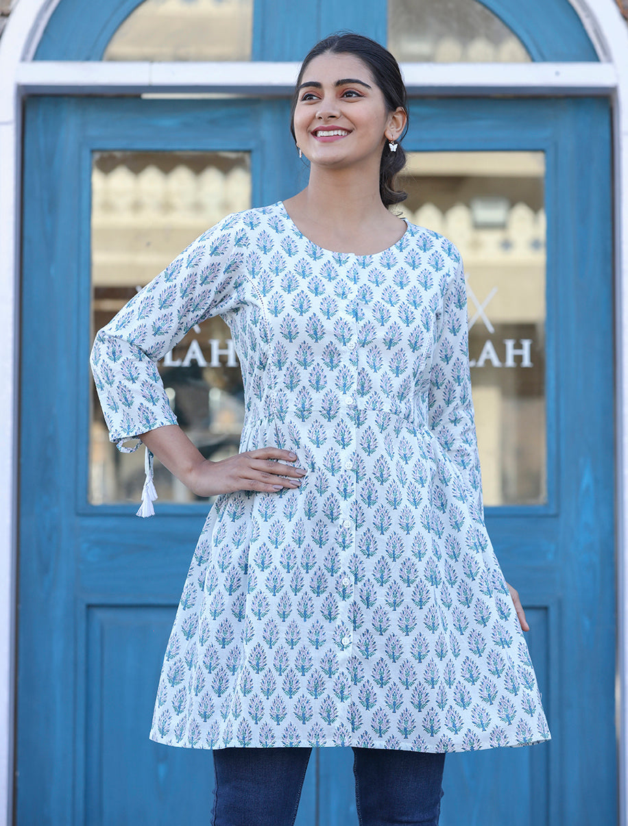 Kaajh White Printed Cotton Shirt Style Tunic Top | Grocsy