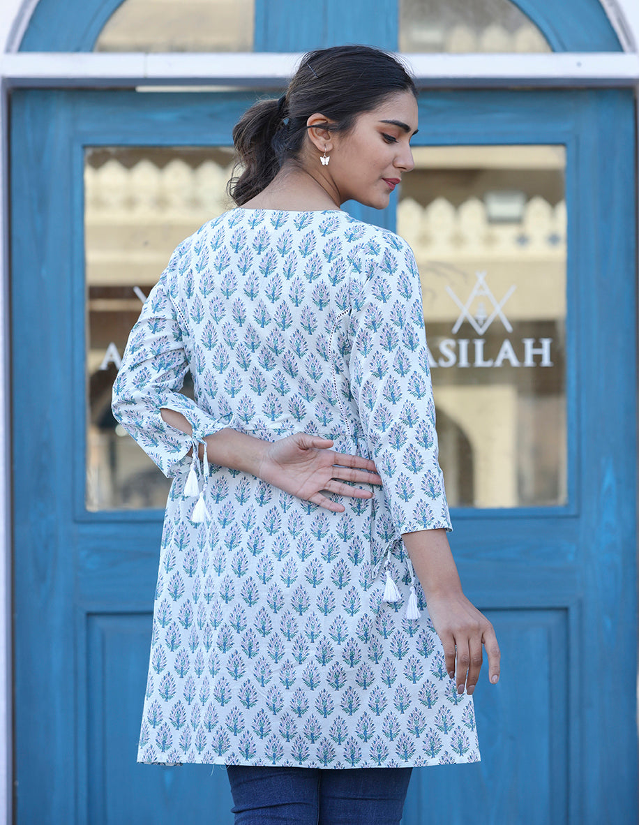 Kaajh White Printed Cotton Shirt Style Tunic Top | Grocsy