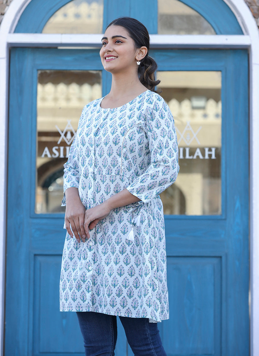 Kaajh White Printed Cotton Shirt Style Tunic Top | Grocsy
