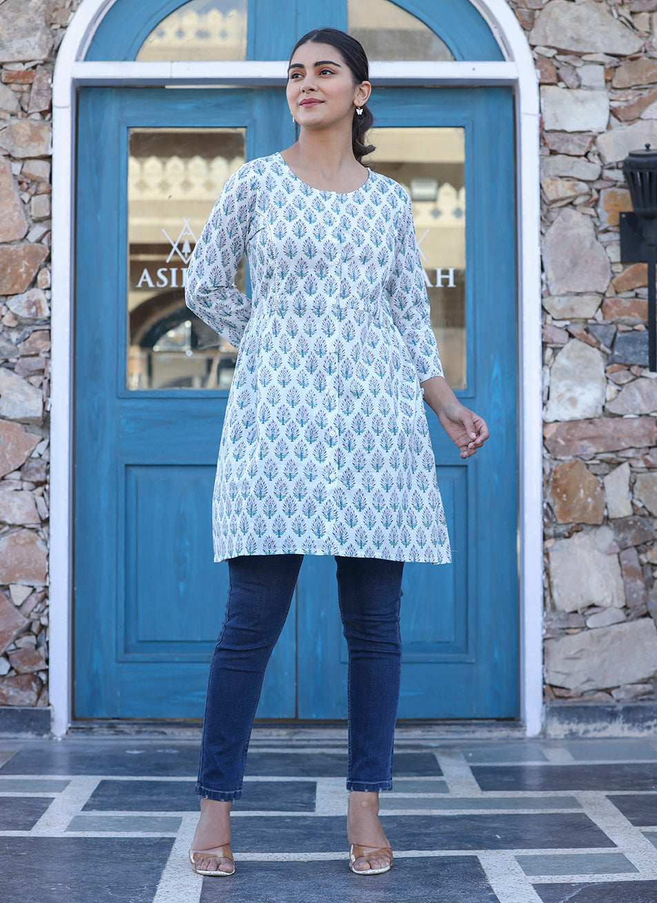 Kaajh White Printed Cotton Shirt Style Tunic Top | Grocsy