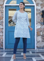 Kaajh White Printed Cotton Shirt Style Tunic Top | Grocsy