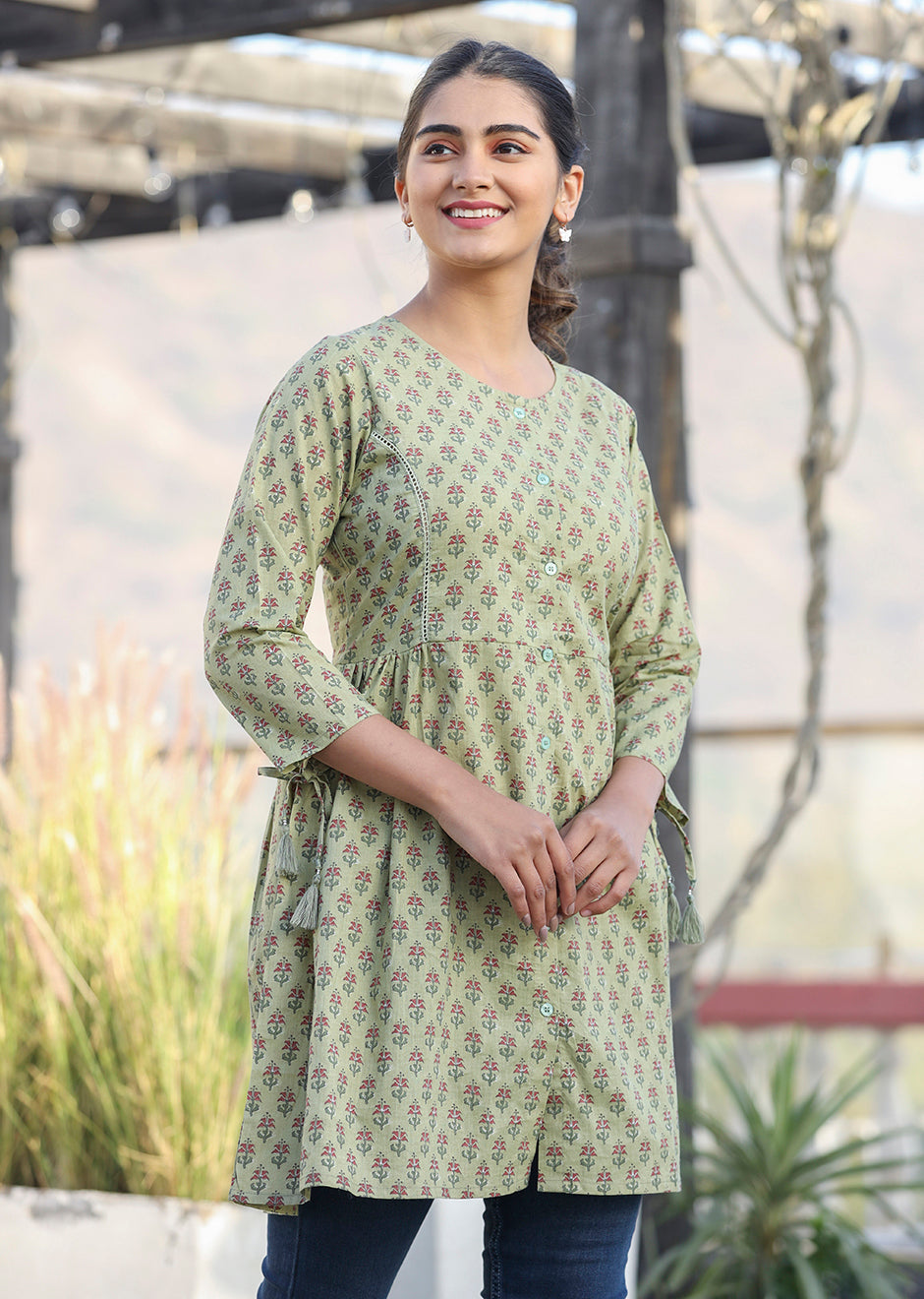 Kaajh Green Printed Cotton Shirt Style Tunic | Grocsy