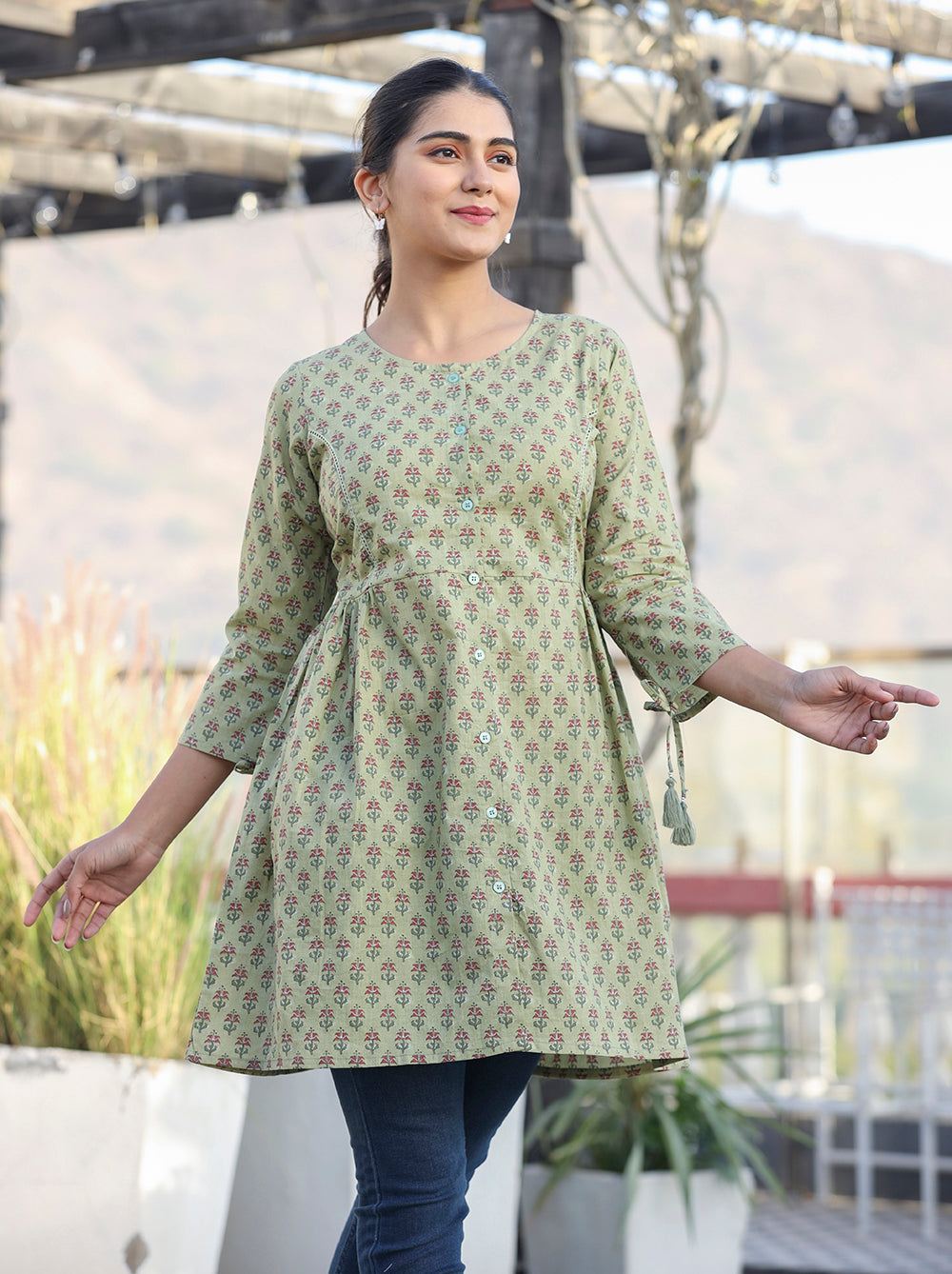 Kaajh Green Printed Cotton Shirt Style Tunic | Grocsy
