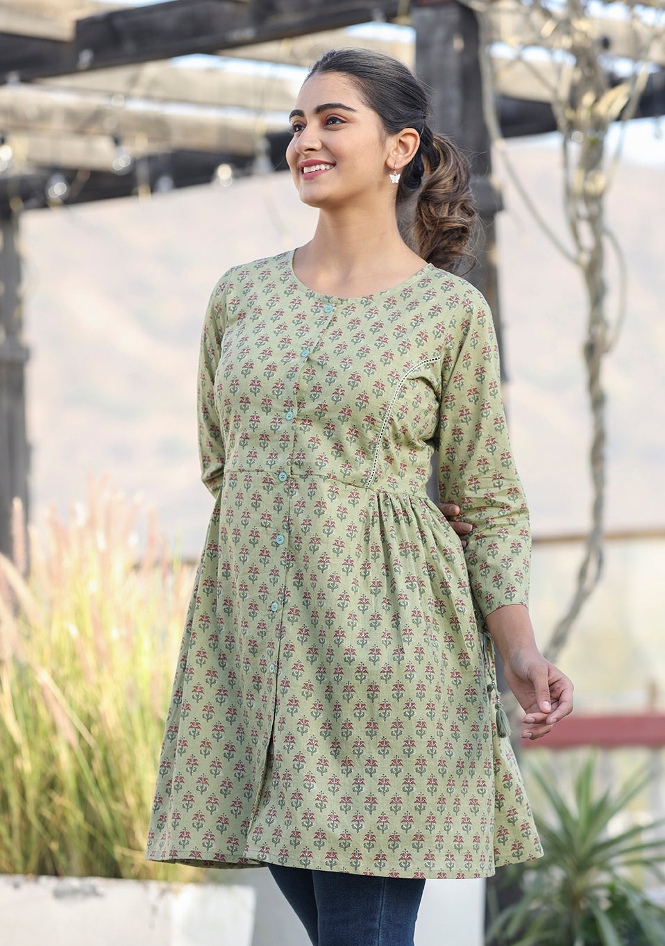 Kaajh Green Printed Cotton Shirt Style Tunic | Grocsy