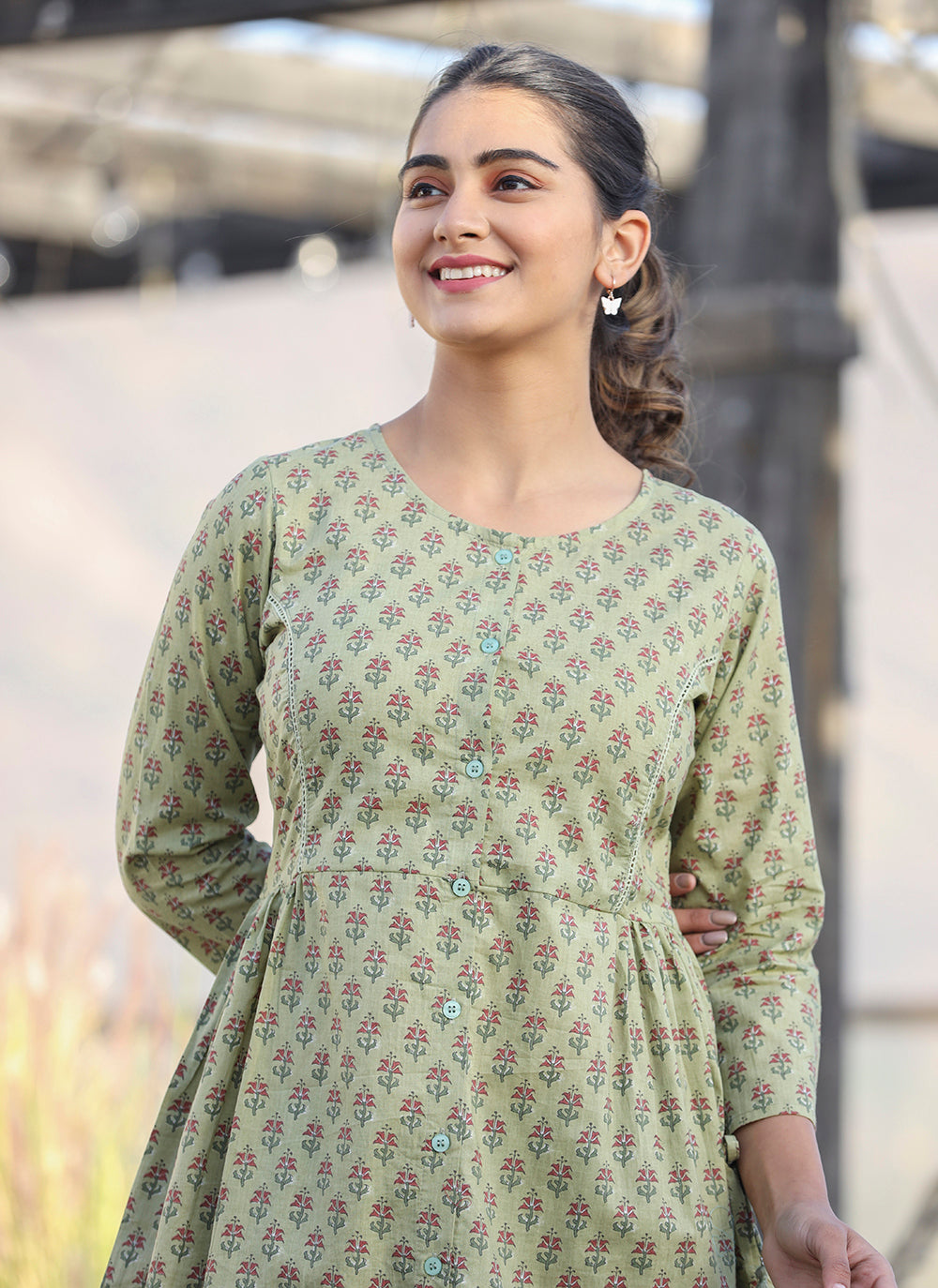 Kaajh Green Printed Cotton Shirt Style Tunic | Grocsy