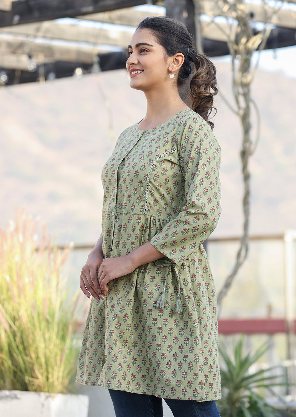 Kaajh Green Printed Cotton Shirt Style Tunic | Grocsy