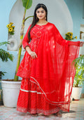 Kaajh Woman's Red Bandhej Cotton Paplum Kurta Sharara With Dupatta | Grocsy