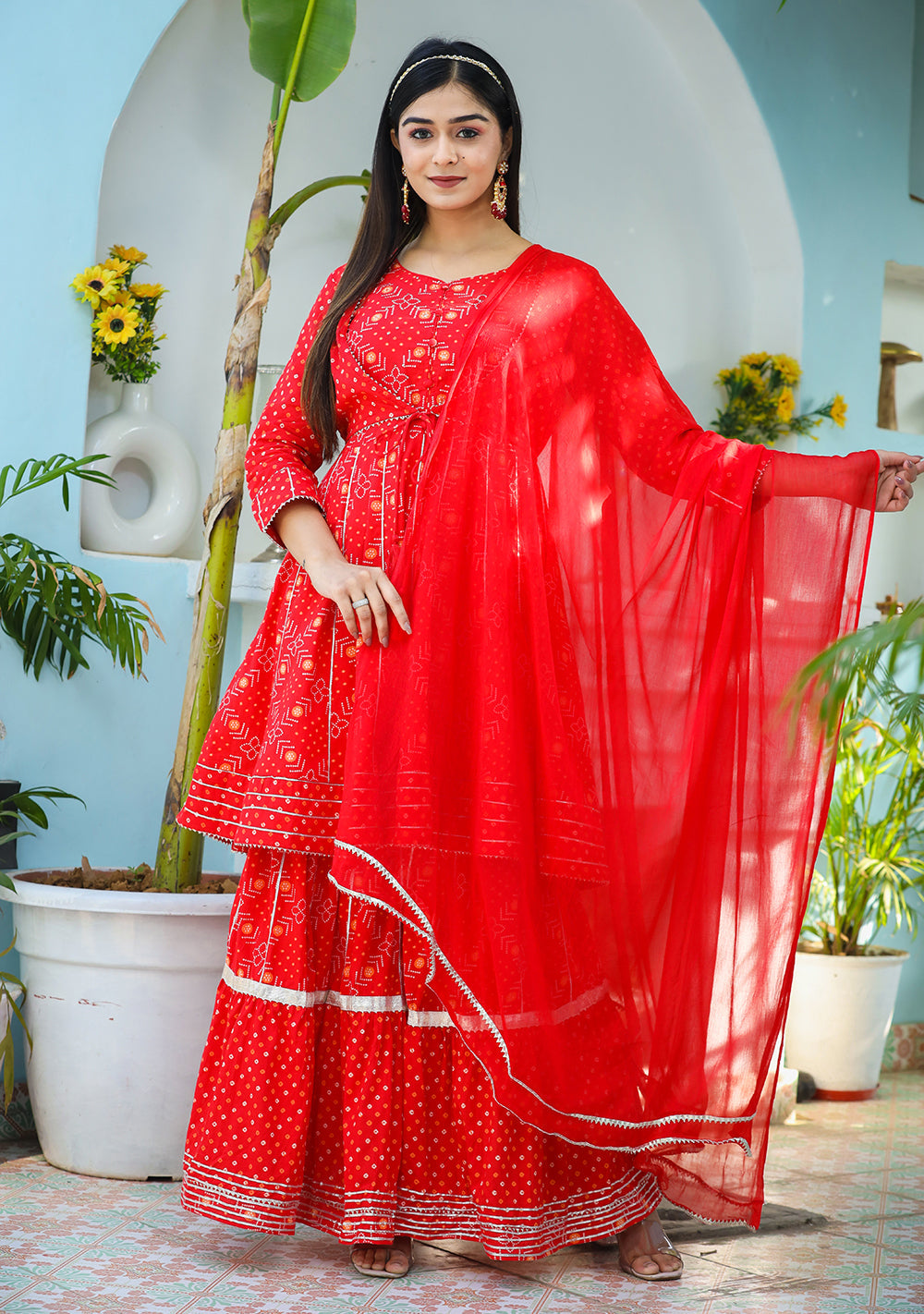 Kaajh Woman's Red Bandhej Cotton Paplum Kurta Sharara With Dupatta | Grocsy