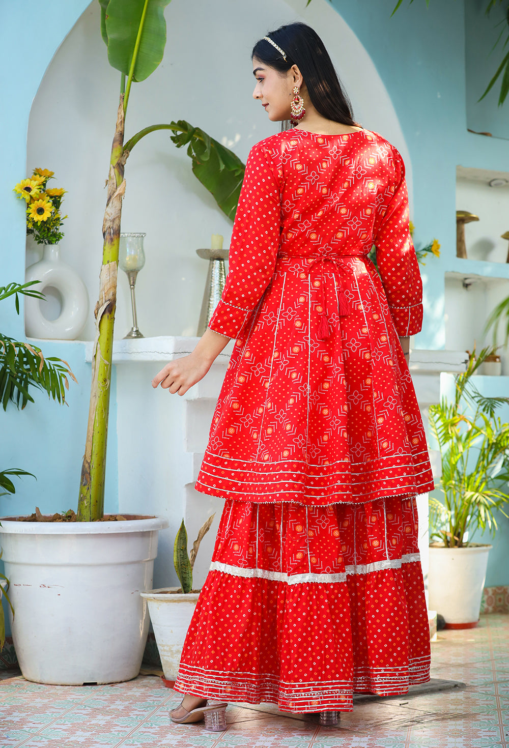 Kaajh Woman's Red Bandhej Cotton Paplum Kurta Sharara With Dupatta | Grocsy