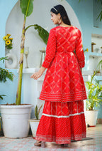 Kaajh Woman's Red Bandhej Cotton Paplum Kurta Sharara With Dupatta | Grocsy