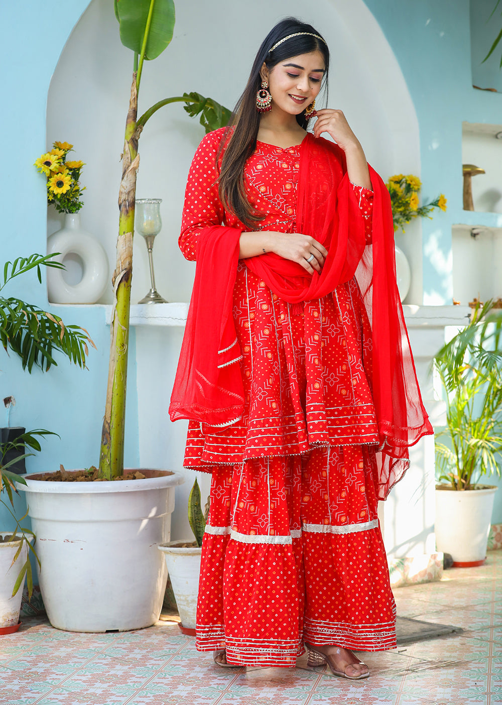 Kaajh Woman's Red Bandhej Cotton Paplum Kurta Sharara With Dupatta | Grocsy