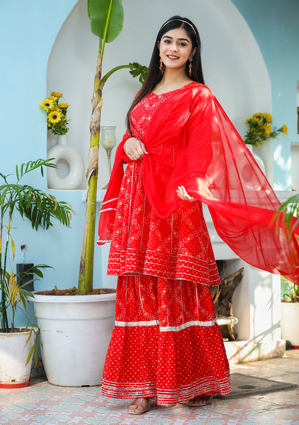 Kaajh Woman's Red Bandhej Cotton Paplum Kurta Sharara With Dupatta | Grocsy