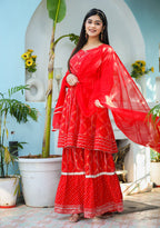 Kaajh Woman's Red Bandhej Cotton Paplum Kurta Sharara With Dupatta | Grocsy