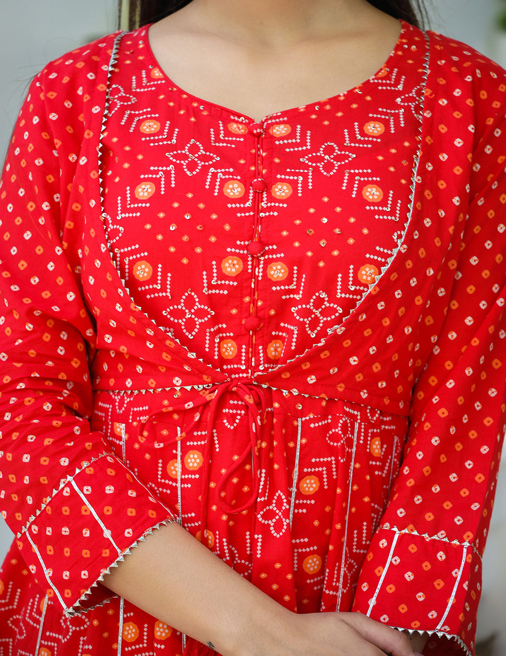 Kaajh Woman's Red Bandhej Cotton Paplum Kurta Sharara With Dupatta | Grocsy